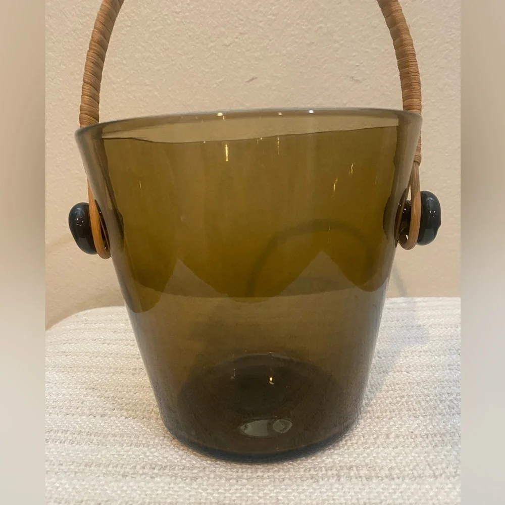 Vintage Brown Tinted Glass Bucket with Wrapped Rattan Handle